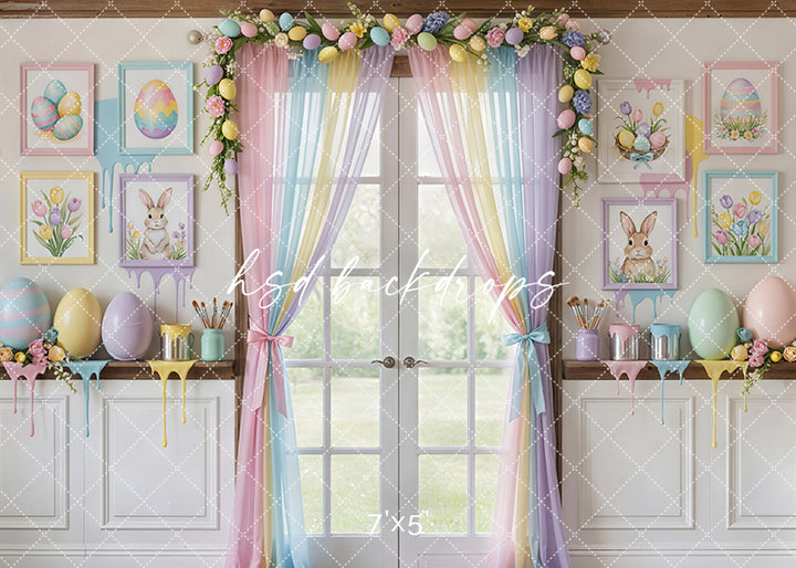 Pastel Easter window backdrop with rainbow curtains, bunny artwork, painted eggs, spring florals, and watercolor art studio décor.