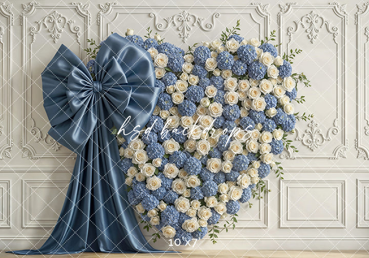 Dusty Blue Heart Wall Photography Backdrop – Romantic Floral Portrait Design | HSD Backdrops