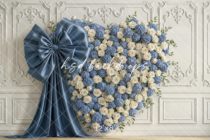 Dusty Blue Heart Wall Photography Backdrop – Romantic Floral Portrait Design | HSD Backdrops