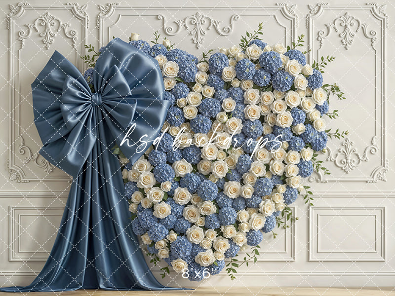Dusty Blue Heart Wall Photography Backdrop – Romantic Floral Portrait Design | HSD Backdrops