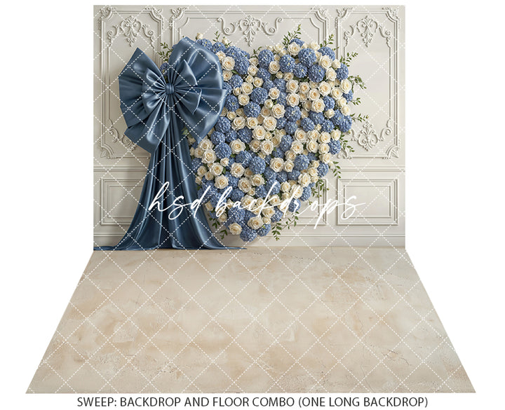 Dusty Blue Heart Wall Photography Backdrop – Romantic Floral Portrait Design | HSD Backdrops