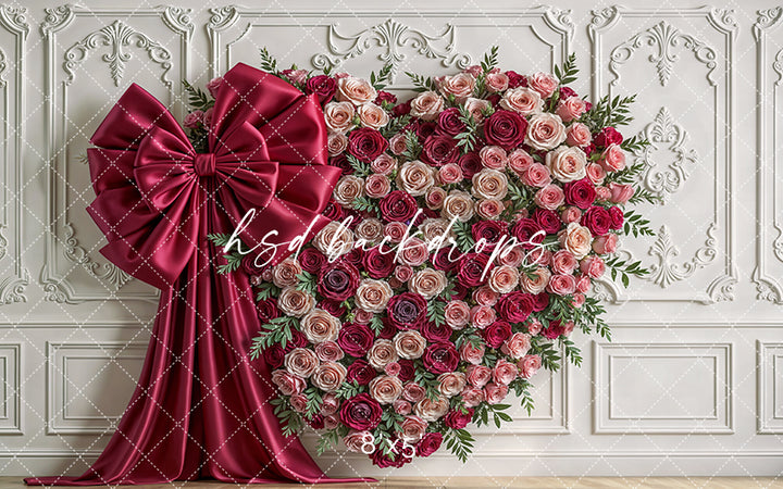 Blush & Burgundy Heart Wall Photography Backdrop – Romantic Floral Design | HSD Backdrops