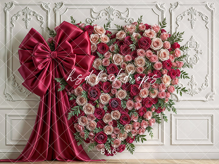Blush & Burgundy Heart Wall Photography Backdrop – Romantic Floral Design | HSD Backdrops