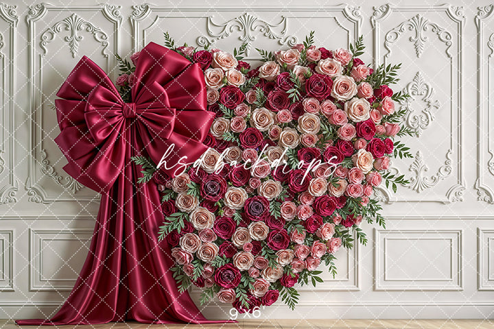 Blush & Burgundy Heart Wall Photography Backdrop – Romantic Floral Design | HSD Backdrops