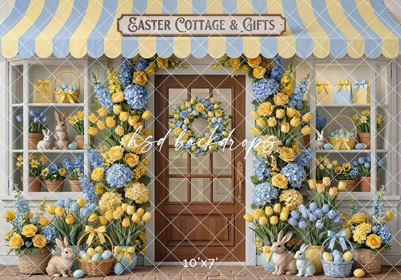 Blue &amp; Yellow Cottage &amp; Gifts Photography Backdrop – Spring Storefront Design | HSD Backdrops