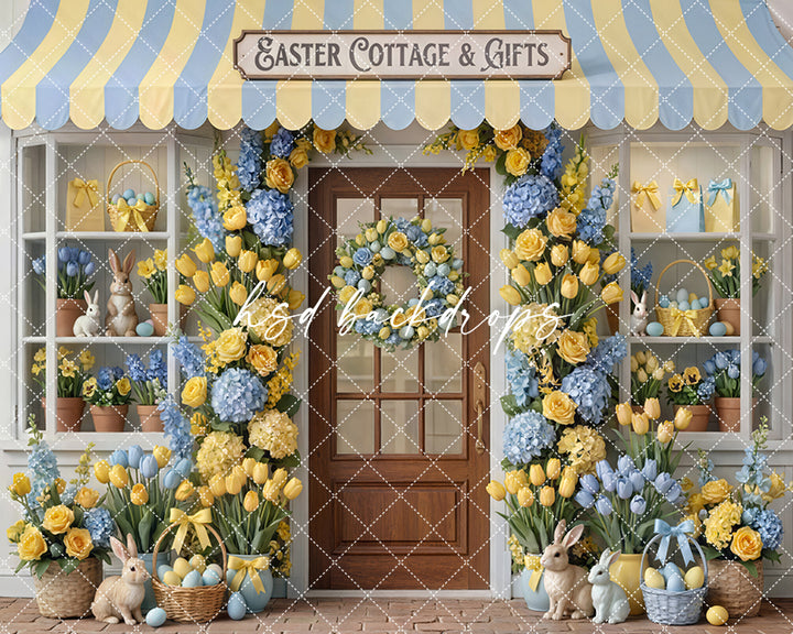 Blue &amp; Yellow Cottage &amp; Gifts Photography Backdrop – Spring Storefront Design | HSD Backdrops