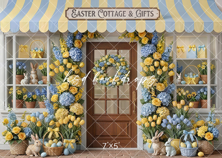 Blue &amp; Yellow Cottage &amp; Gifts Photography Backdrop – Spring Storefront Design | HSD Backdrops
