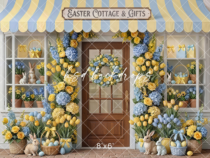 Blue &amp; Yellow Cottage &amp; Gifts Photography Backdrop – Spring Storefront Design | HSD Backdrops