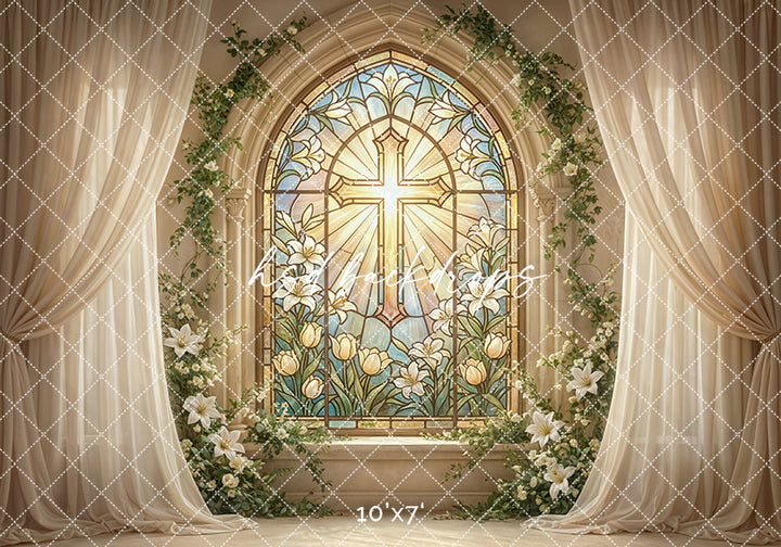 Stained Glass Cross Window Photography Backdrop – Elegant First Communion Portrait Scene | HSD Backdrops