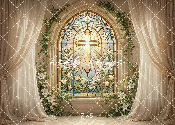 Stained glass cross window photography backdrop with chapel drapery and lilies, elegant First Communion and baptism portrait background.