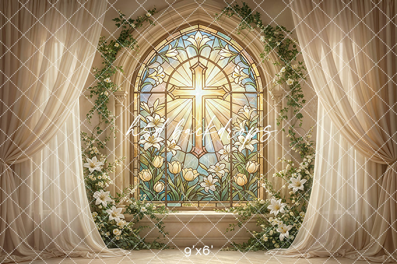 Stained Glass Cross Window Photography Backdrop – Elegant First Communion Portrait Scene | HSD Backdrops