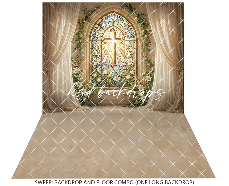 Stained Glass Cross Window Photography Backdrop – Elegant First Communion Portrait Scene | HSD Backdrops