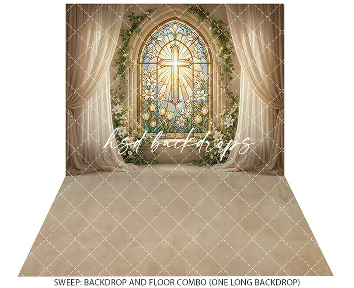 Stained Glass Cross Window Photography Backdrop – Elegant First Communion Portrait Scene | HSD Backdrops