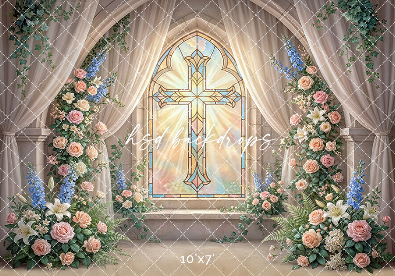 Radiant Stained Glass Cross Chapel Photography Backdrop – Elegant First Communion Portrait Scene | HSD Backdrops