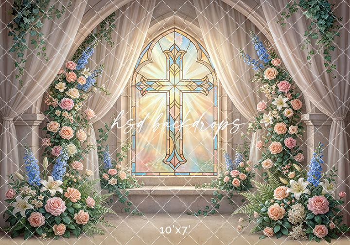 Radiant Stained Glass Cross Chapel Photography Backdrop – Elegant First Communion Portrait Scene | HSD Backdrops