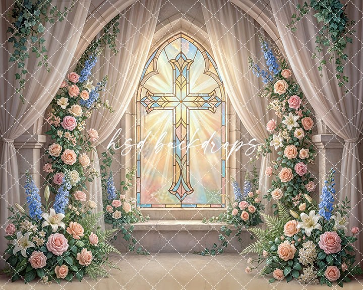 Radiant Stained Glass Cross Chapel Photography Backdrop – Elegant First Communion Portrait Scene | HSD Backdrops