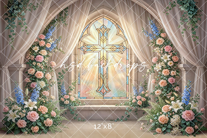 Radiant Stained Glass Cross Chapel Photography Backdrop – Elegant First Communion Portrait Scene | HSD Backdrops