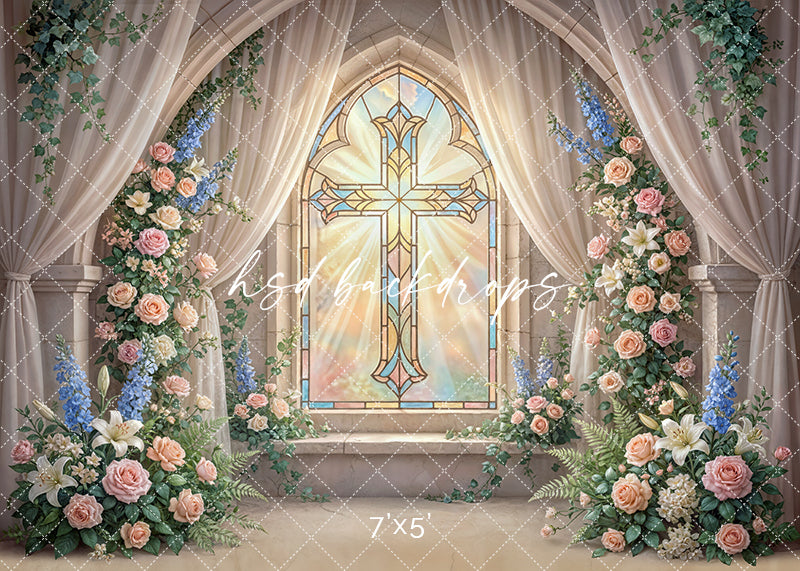 Radiant stained glass cross chapel photography backdrop with floral arrangements and draped curtains, elegant First Communion and baptism portrait background.