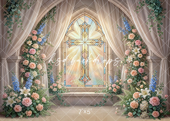 Radiant stained glass cross chapel photography backdrop with floral arrangements and draped curtains, elegant First Communion and baptism portrait background.