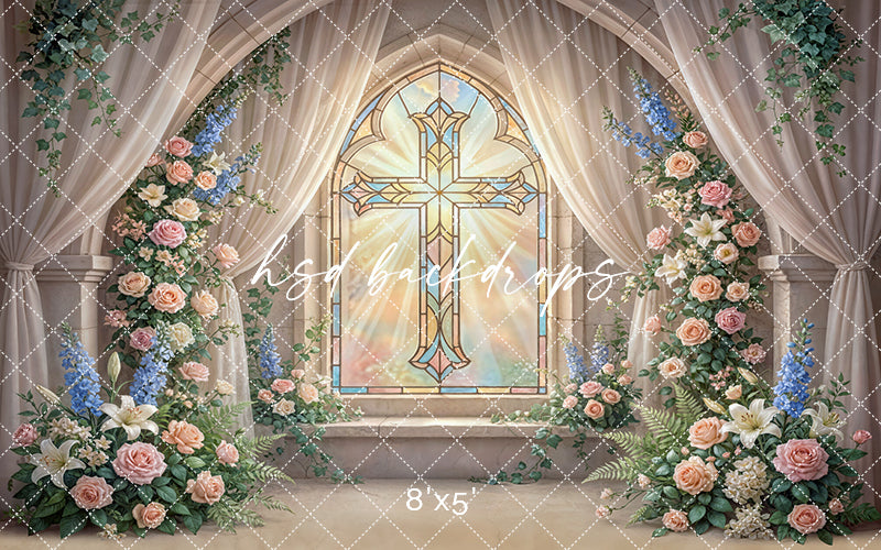 Radiant Stained Glass Cross Chapel Photography Backdrop – Elegant First Communion Portrait Scene | HSD Backdrops