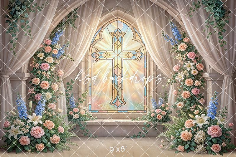 Radiant Stained Glass Cross Chapel Photography Backdrop – Elegant First Communion Portrait Scene | HSD Backdrops