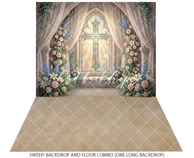 Radiant Stained Glass Cross Chapel Photography Backdrop – Elegant First Communion Portrait Scene | HSD Backdrops
