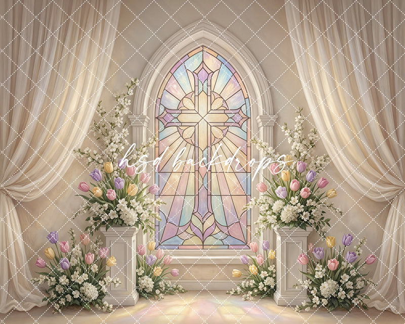 Pastel Stained Glass Cross Chapel Photography Backdrop – Elegant First Communion Portrait Scene | HSD Backdrops