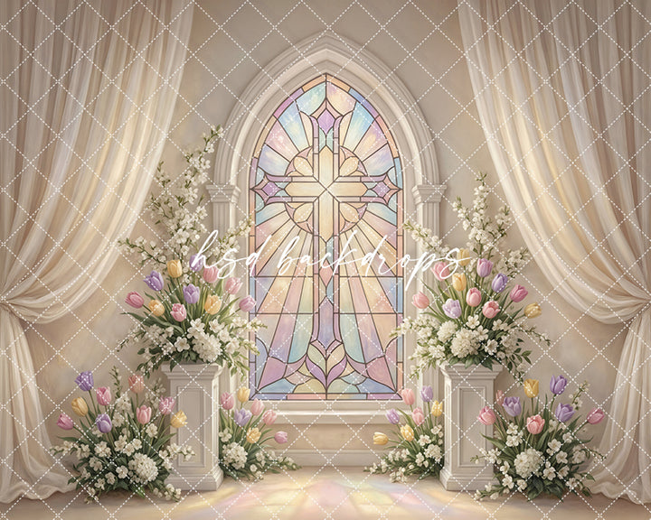 Pastel Stained Glass Cross Chapel Photography Backdrop – Elegant First Communion Portrait Scene | HSD Backdrops