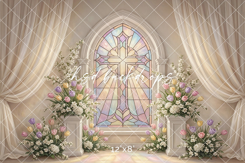Pastel Stained Glass Cross Chapel Photography Backdrop – Elegant First Communion Portrait Scene | HSD Backdrops