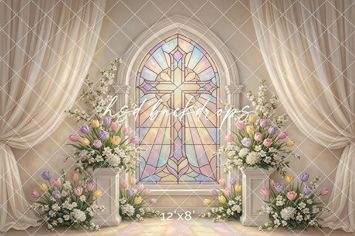 Pastel Stained Glass Cross Chapel Photography Backdrop – Elegant First Communion Portrait Scene | HSD Backdrops
