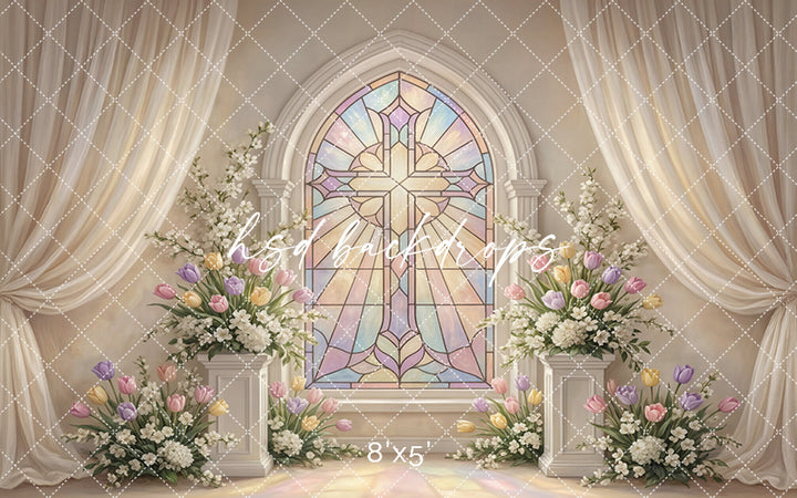 Pastel Stained Glass Cross Chapel Photography Backdrop – Elegant First Communion Portrait Scene | HSD Backdrops