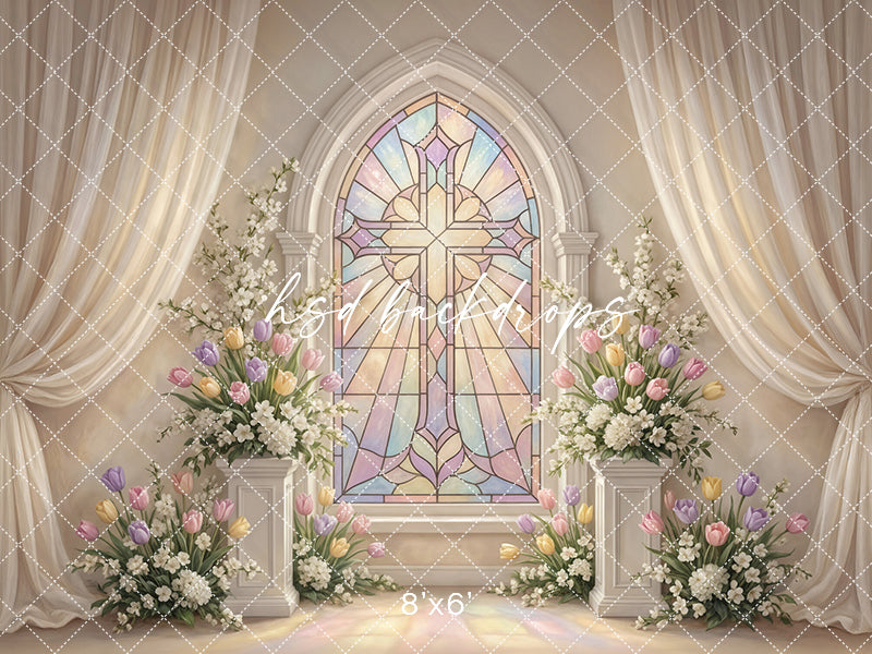Pastel Stained Glass Cross Chapel Photography Backdrop – Elegant First Communion Portrait Scene | HSD Backdrops