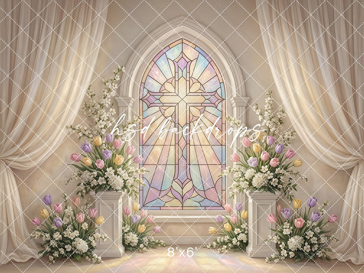 Pastel Stained Glass Cross Chapel Photography Backdrop – Elegant First Communion Portrait Scene | HSD Backdrops