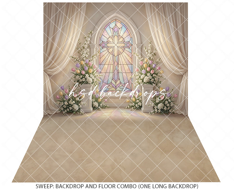Pastel Stained Glass Cross Chapel Photography Backdrop – Elegant First Communion Portrait Scene | HSD Backdrops