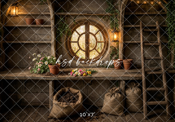 Rustic Woodland Potting Shed Photography Backdrop – Enchanted Garden Studio Scene | HSD Backdrops