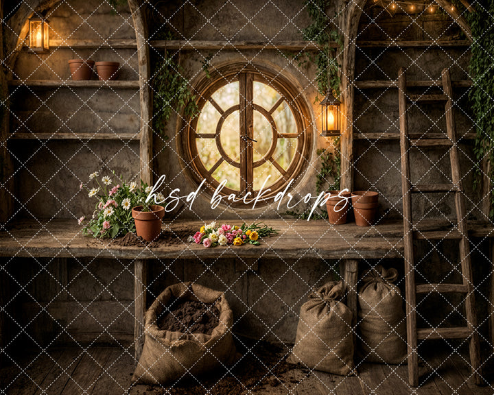 Rustic Woodland Potting Shed Photography Backdrop – Enchanted Garden Studio Scene | HSD Backdrops
