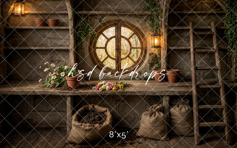 Rustic Woodland Potting Shed Photography Backdrop – Enchanted Garden Studio Scene | HSD Backdrops