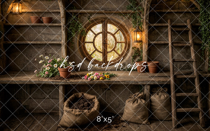 Rustic Woodland Potting Shed Photography Backdrop – Enchanted Garden Studio Scene | HSD Backdrops