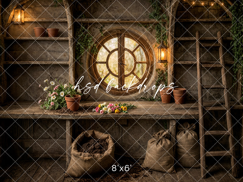 Rustic Woodland Potting Shed Photography Backdrop – Enchanted Garden Studio Scene | HSD Backdrops