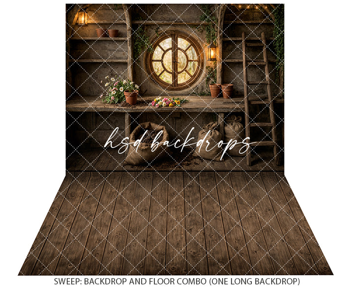 Rustic Woodland Potting Shed Photography Backdrop – Enchanted Garden Studio Scene | HSD Backdrops