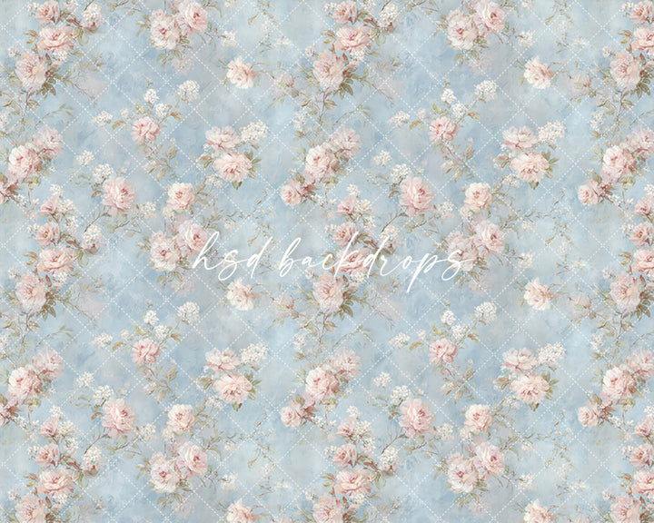 Vintage Blue Floral Photography Backdrop – Romantic Rose Portrait Design | HSD Backdrops