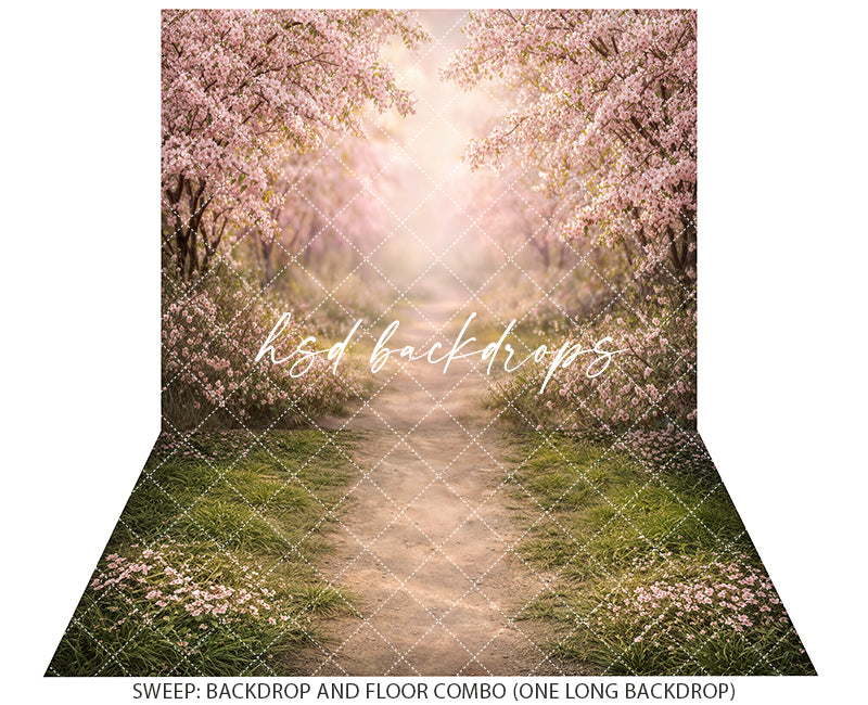 Cherry Blossom Garden Path Photography Backdrop – Dreamy Spring Garden Portrait Scene | HSD Backdrops
