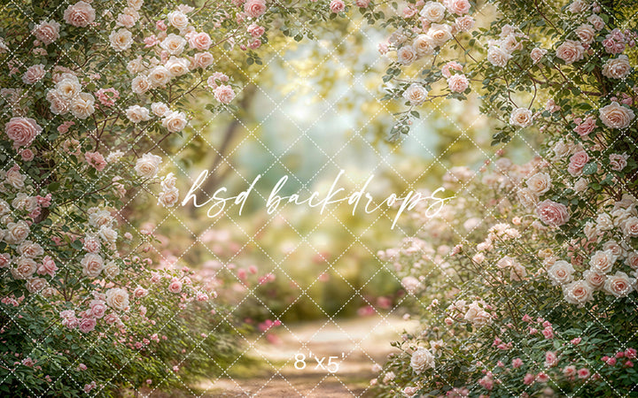 Blush Rose Garden Path Photography Backdrop – Dreamy Spring Portrait Scene | HSD Backdrops