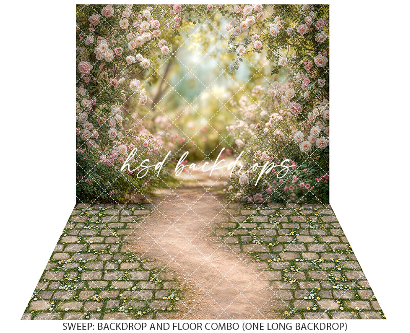 Blush Rose Garden Path Photography Backdrop – Dreamy Spring Portrait Scene | HSD Backdrops
