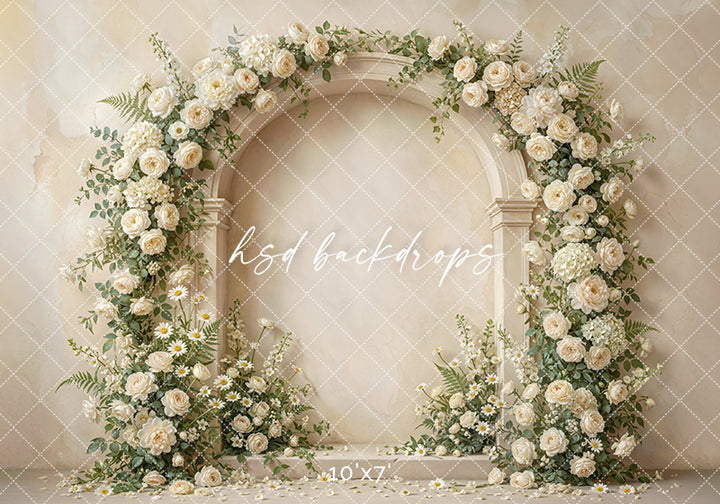 Ivory Garden Floral Arch Photography Backdrop – Elegant Spring Portrait Scene | HSD Backdrops