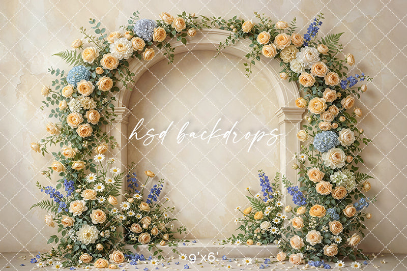 Yellow Garden Floral Arch Photography Backdrop – Elegant Spring Portrait Scene | HSD Backdrops
