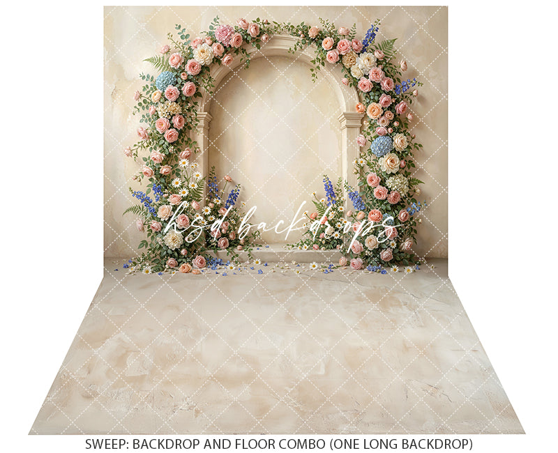 Blush Garden Floral Arch Photography Backdrop – Elegant Spring Portrait Scene | HSD Backdrops