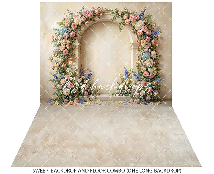 Blush Garden Floral Arch Photography Backdrop – Elegant Spring Portrait Scene | HSD Backdrops