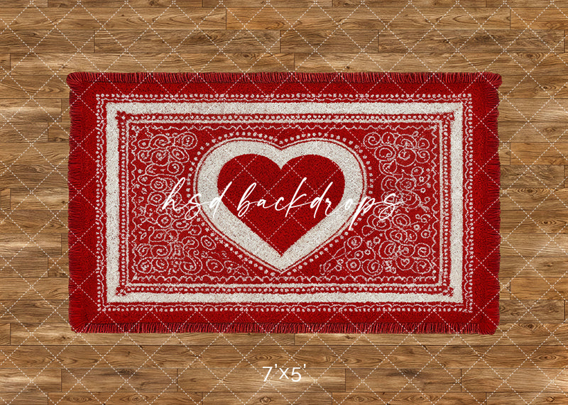Red and white heart welcome mat photography backdrop on wood floor, perfect for Valentine’s Day portraits, couples, or studio mini sessions.