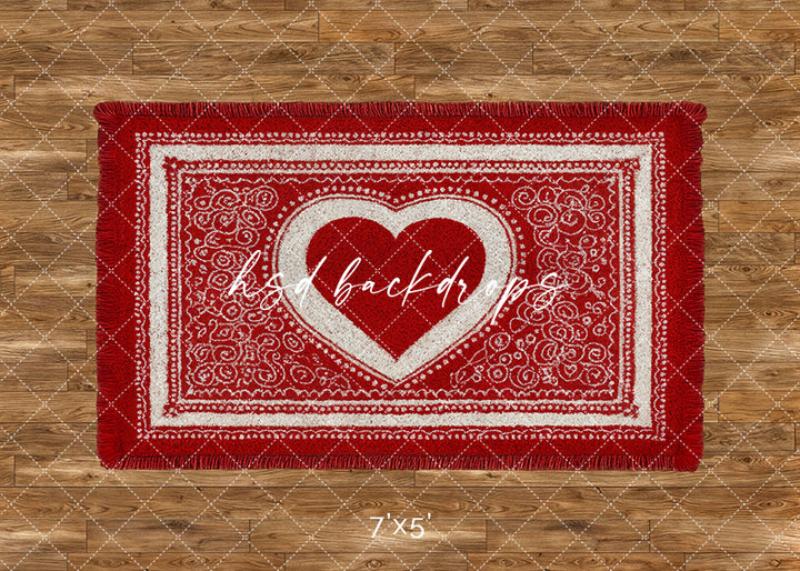 Red and white heart welcome mat photography backdrop on wood floor, perfect for Valentine’s Day portraits, couples, or studio mini sessions.